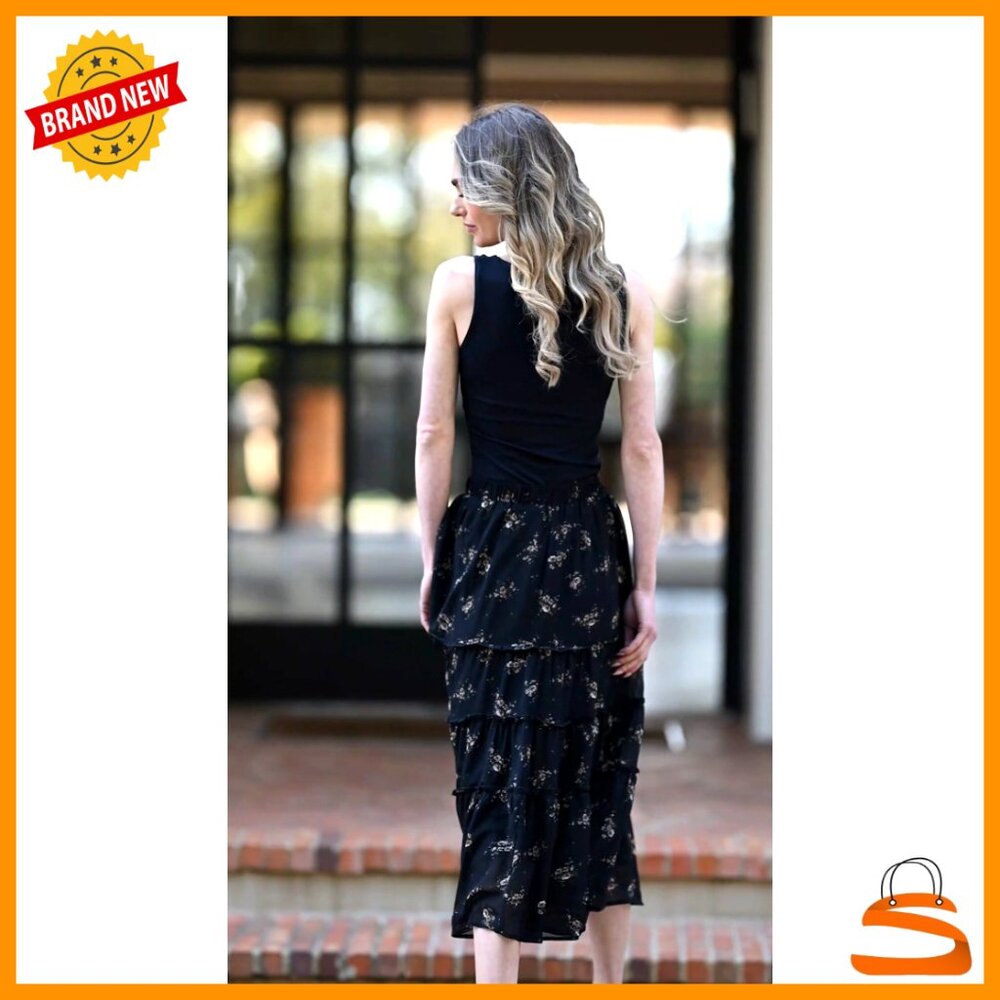 Chiffon A-Line Midi Skirt Floral Print Ruffle Tiered Loose Fit Elastic Waist - Picture 7 of 7